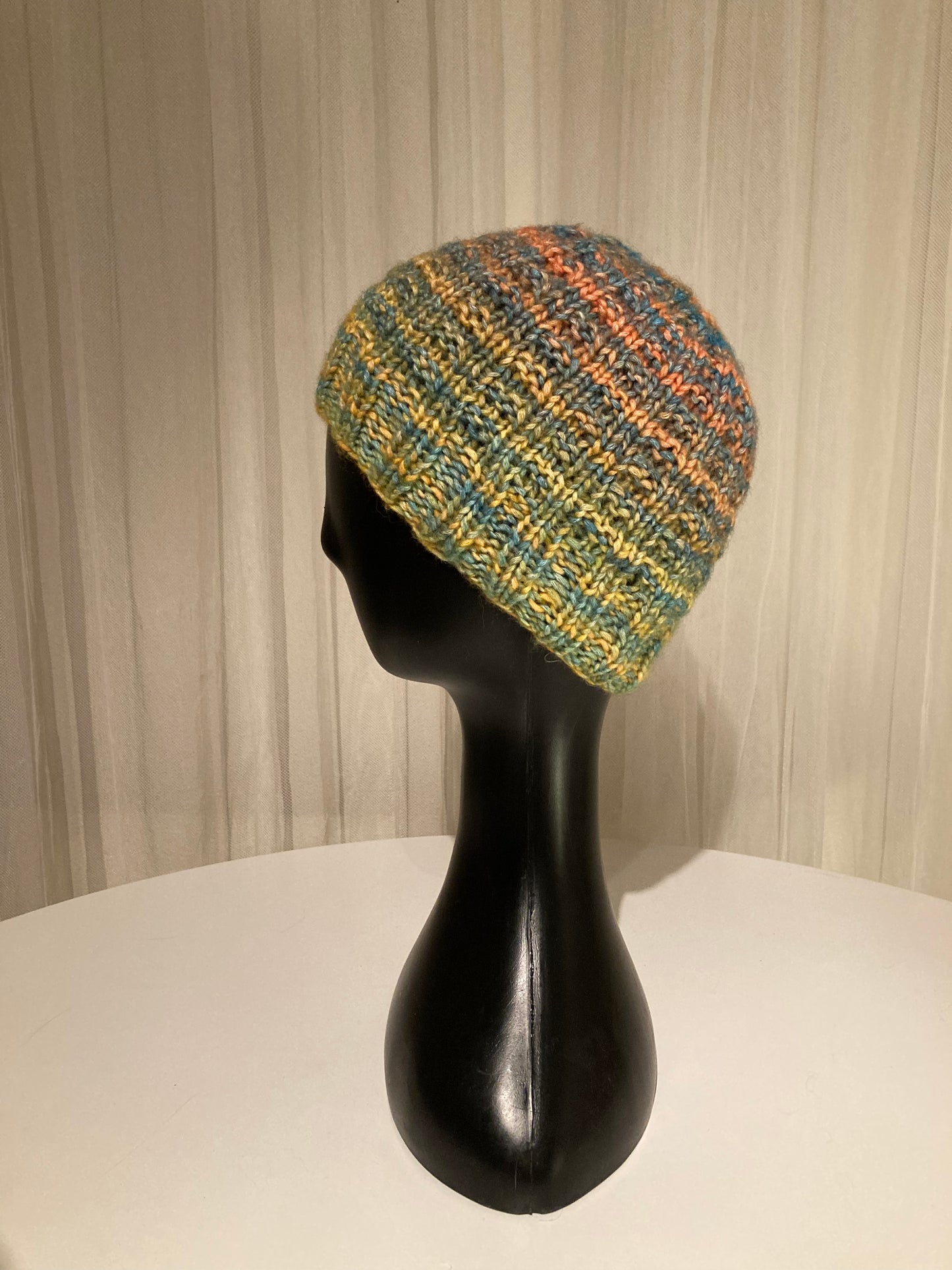 Handknitted Beanie in Bright Gold, Orange and Teal Shades