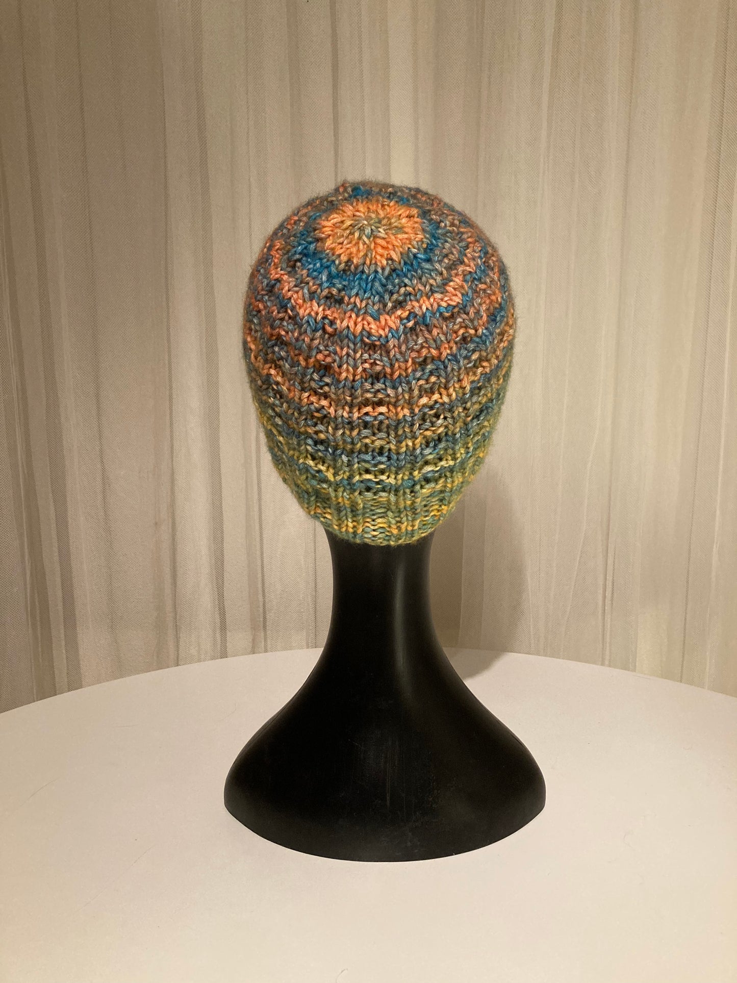 Handknitted Beanie in Bright Gold, Orange and Teal Shades