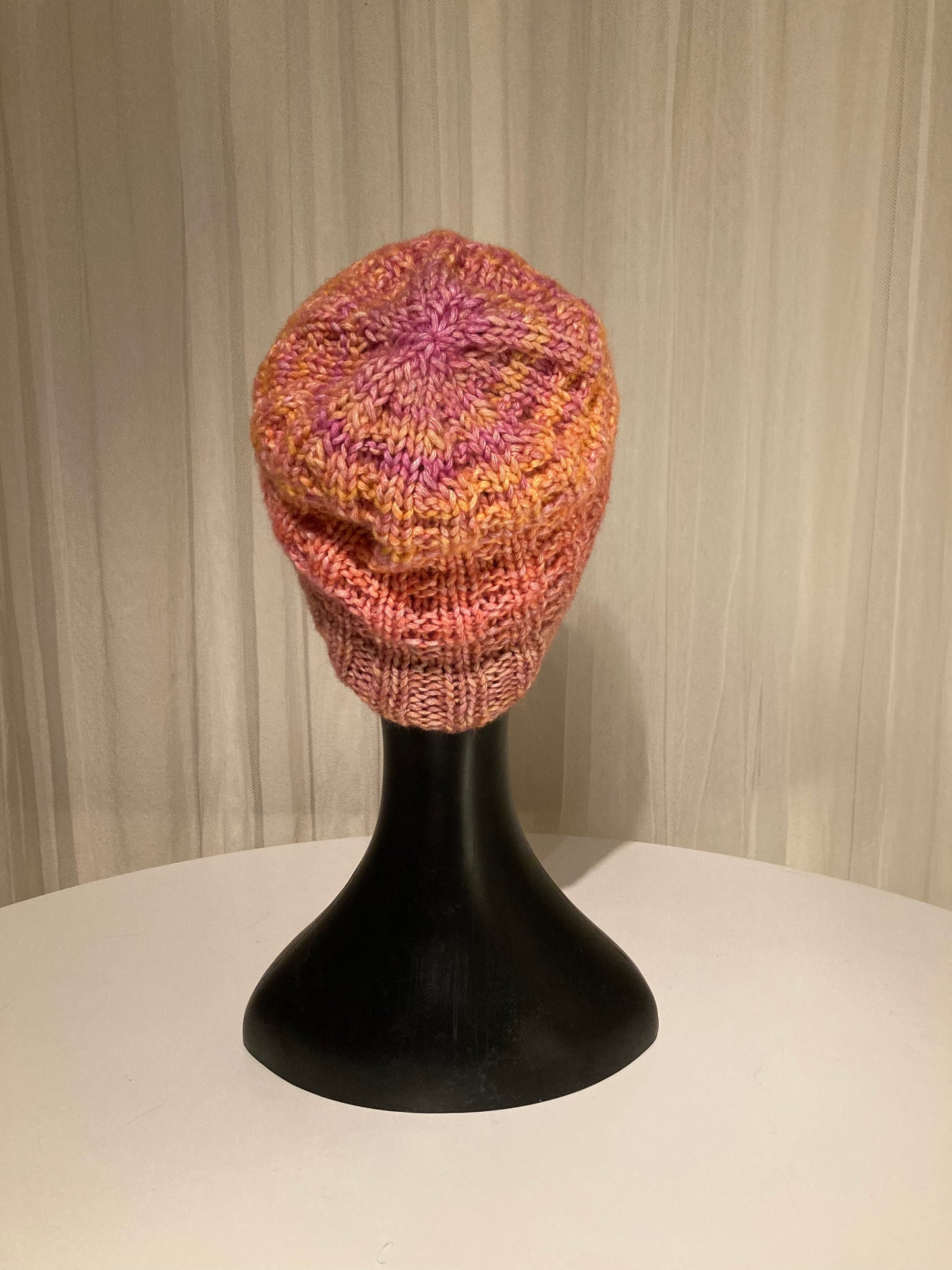 Handknitted Beanie in Bright Warm Dappled Gold, Pink and Purple Tones