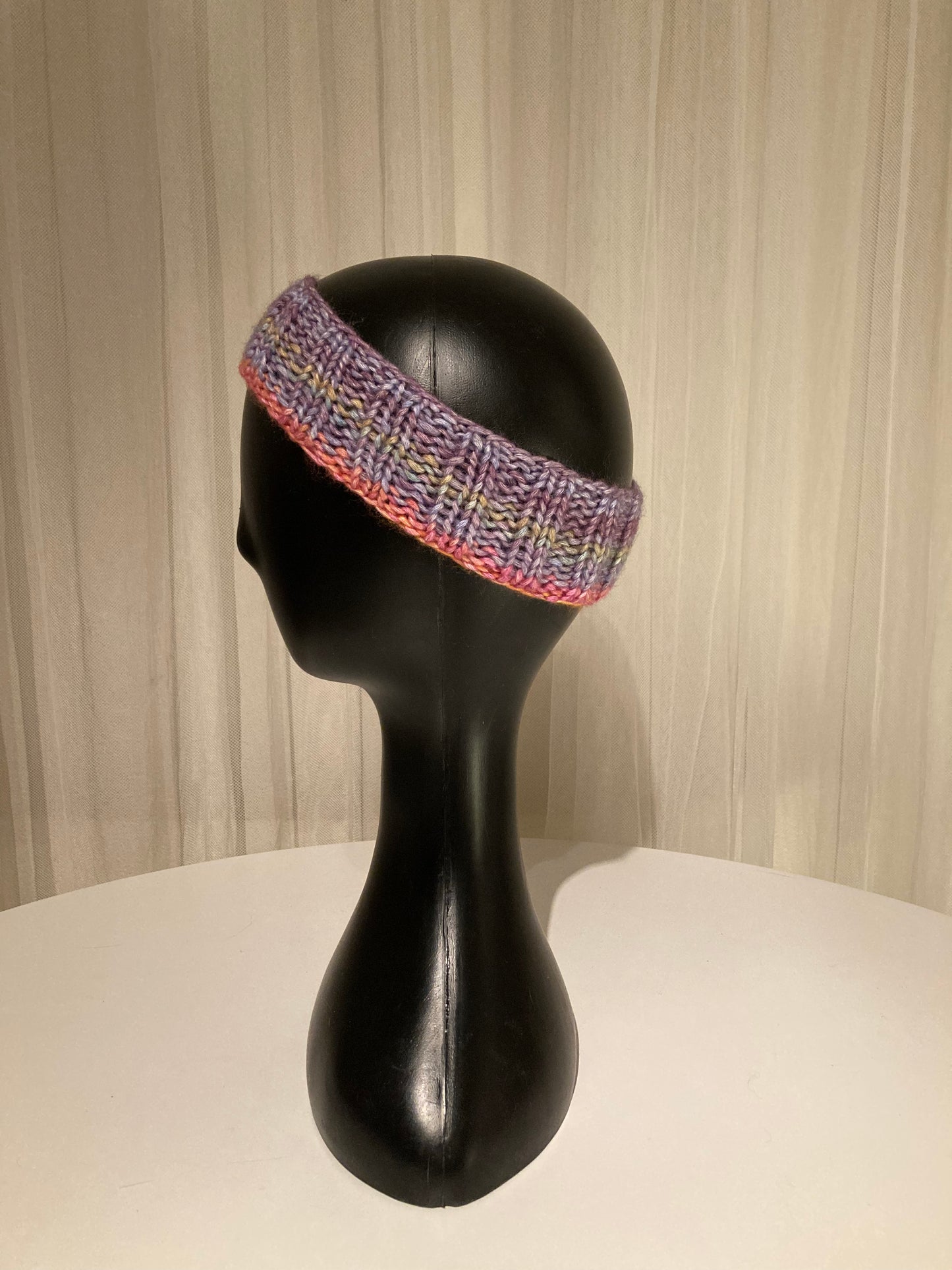 Handknitted Headband in Bright Dappled Light Blue, Pink and Purple Tones