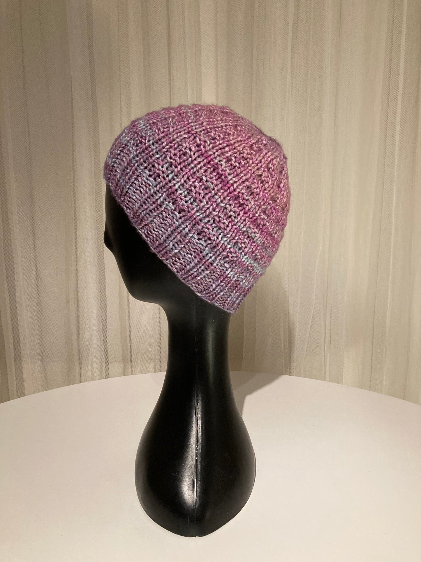 Handknitted Beanie in Bright Dappled Light Blue, Pink and Purple Tones