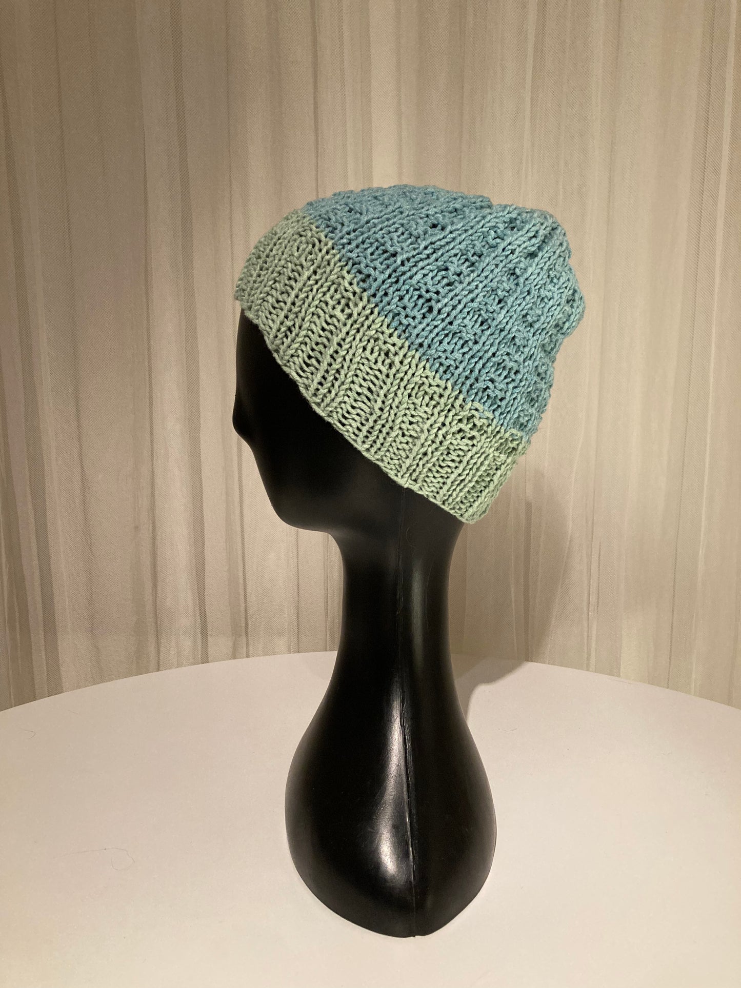 Handknitted Slouchy Beanie in Seafoam Green and Vintage Blue