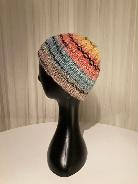 Handknitted Beanie with Retro Vibes Red Blue Yellow Stripes #2