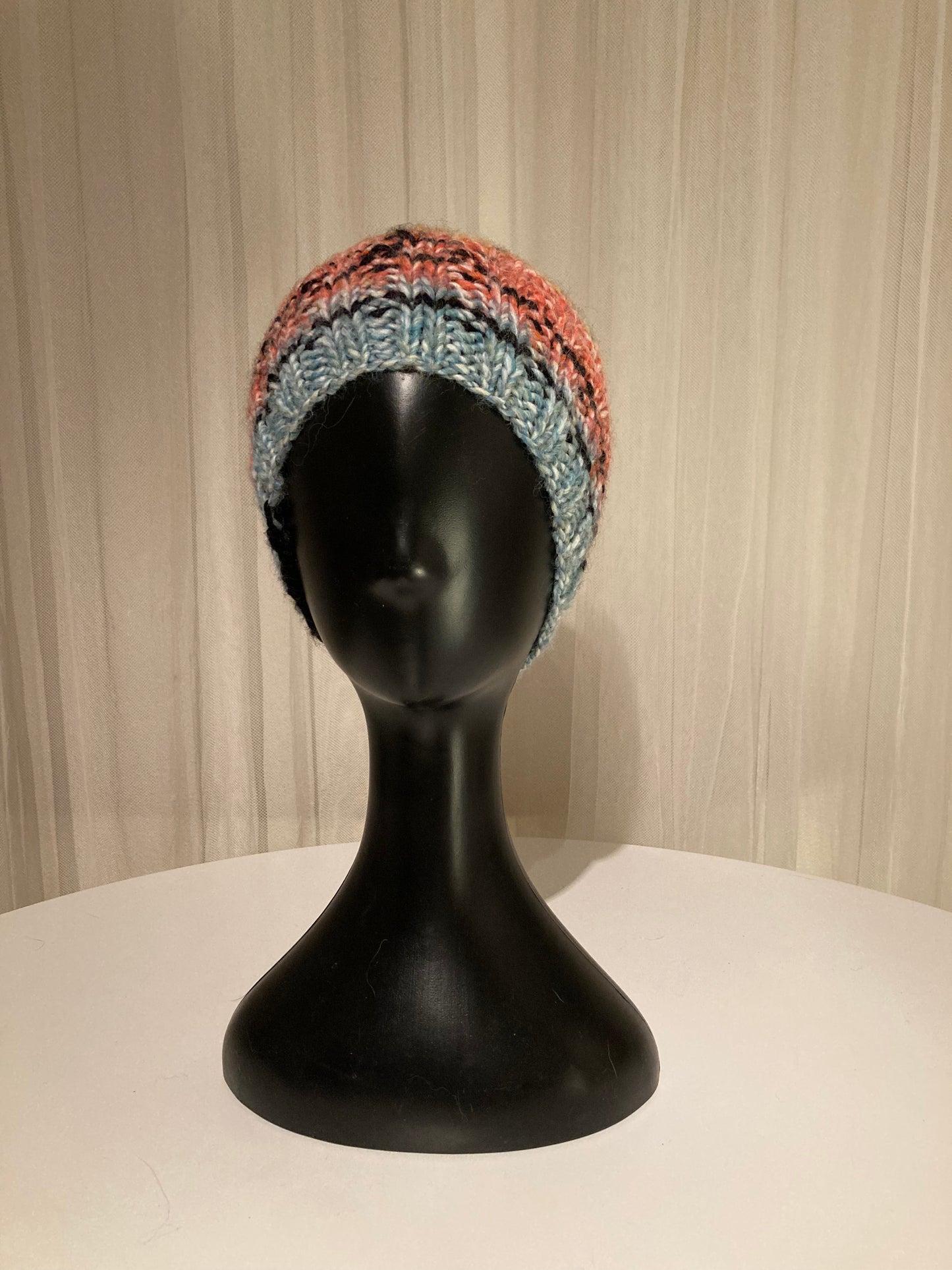 Handknitted Beanie with Retro Vibes Red Blue Yellow Stripes #3