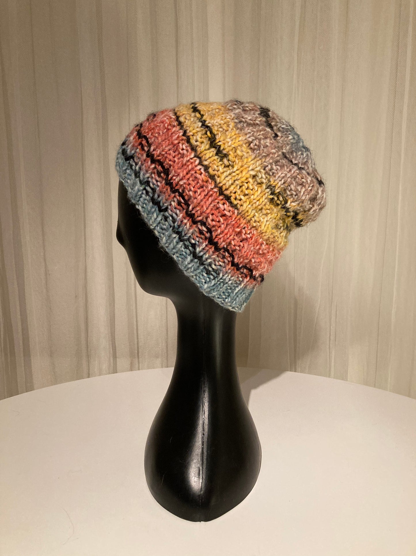 Handknitted Beanie with Retro Vibes Red Blue Yellow Stripes #3