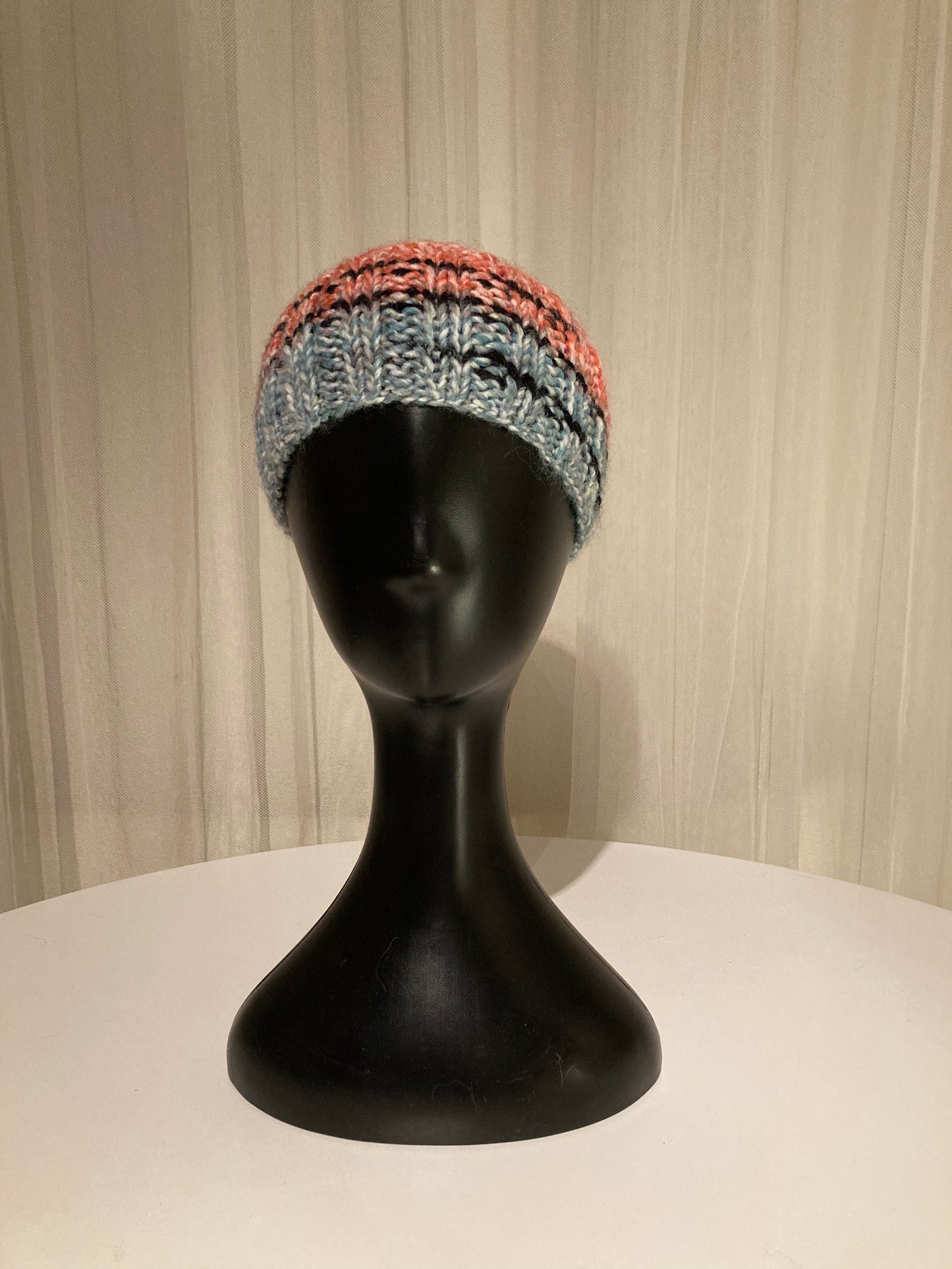 Handknitted Headband with Retro Vibes Red Blue Stripes