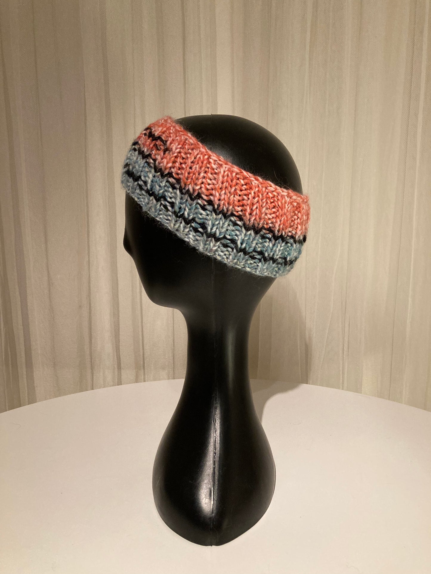 Handknitted Headband with Retro Vibes Red Blue Stripes