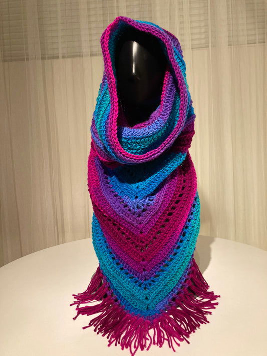 Hand Crocheted Bright Neon Mermaid Tones Hooded Cowl Shawl