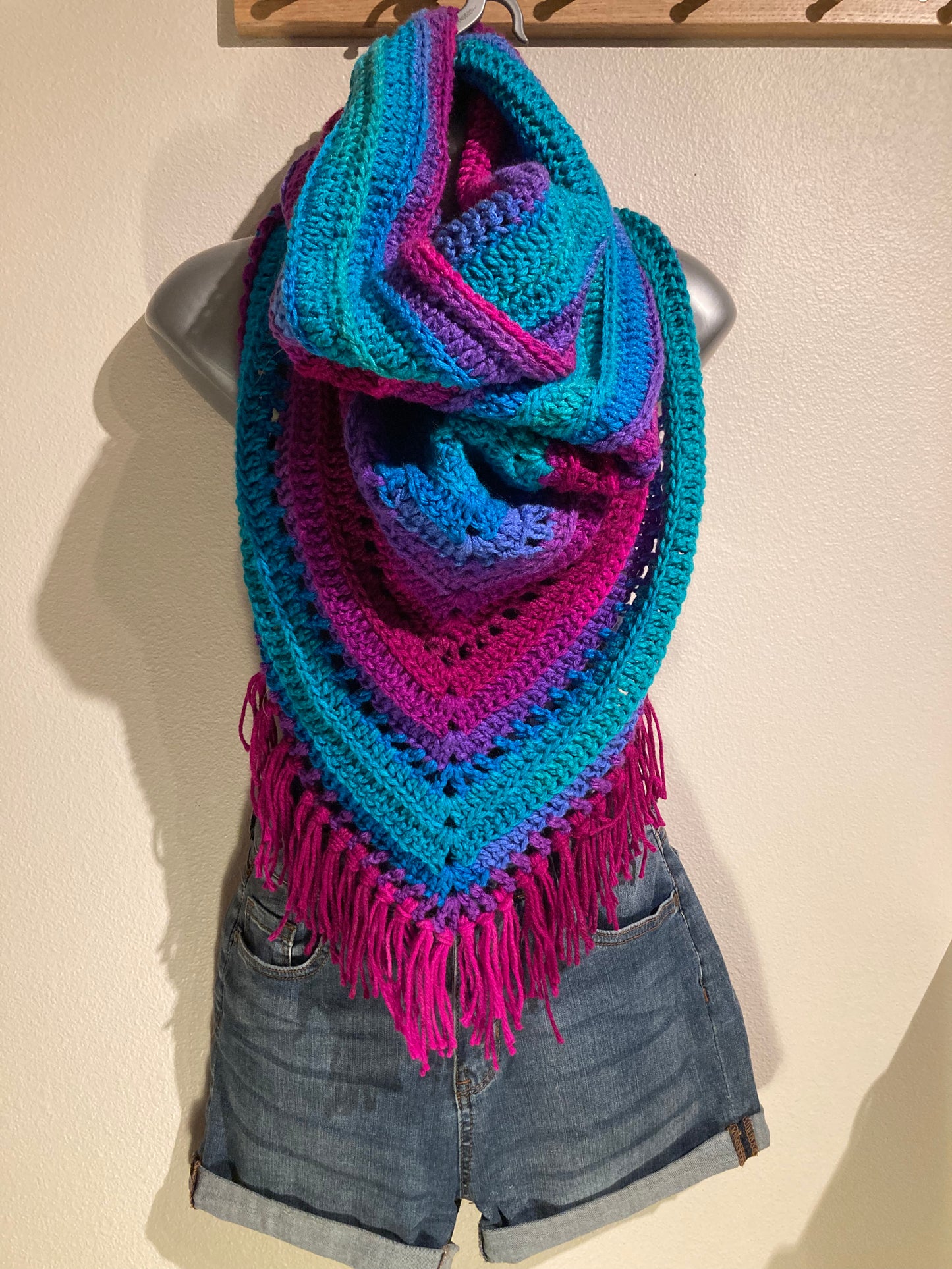 Hand Crocheted Bright Neon Mermaid Tones Hooded Cowl Shawl