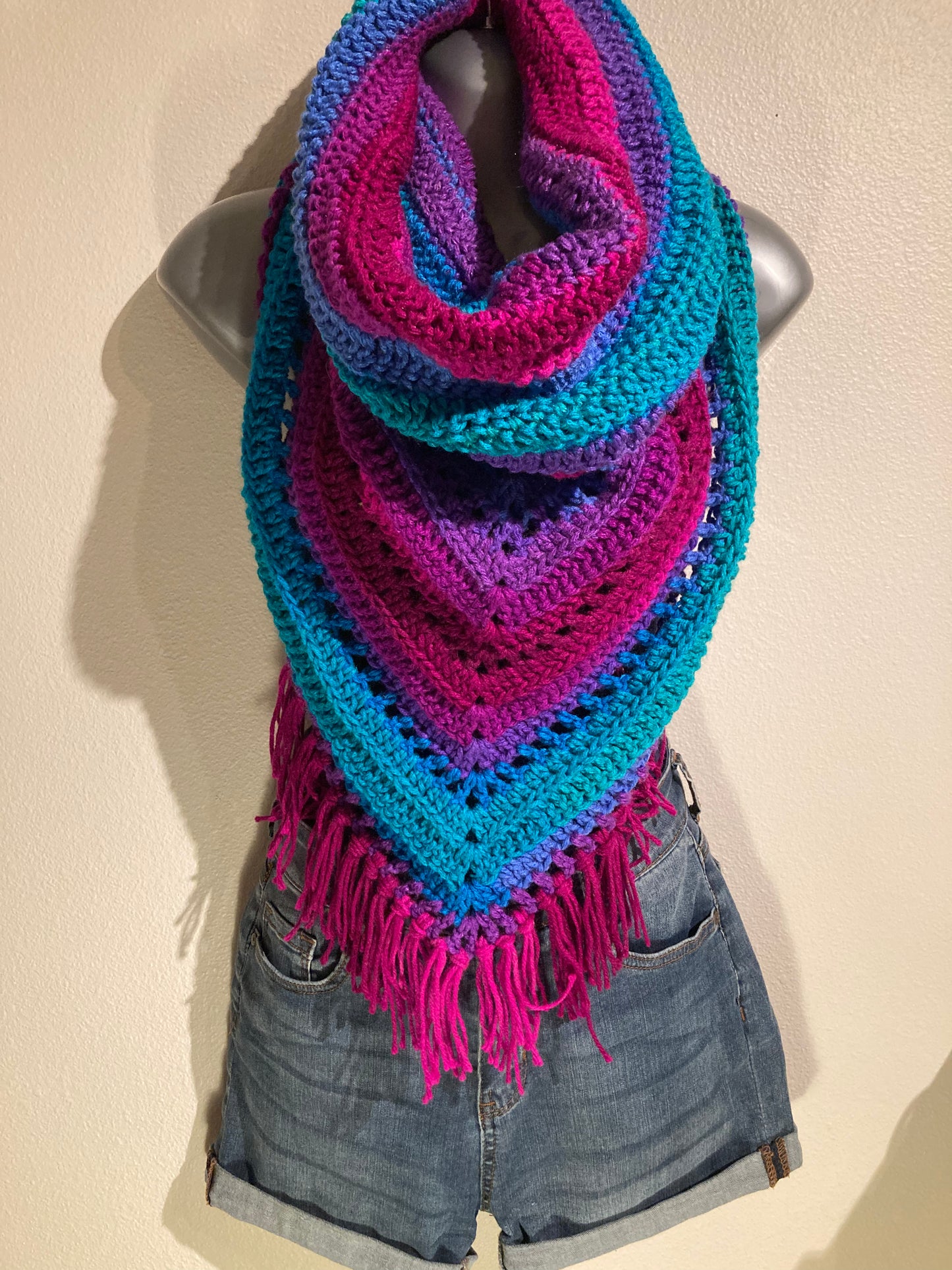 Hand Crocheted Bright Neon Mermaid Tones Hooded Cowl Shawl