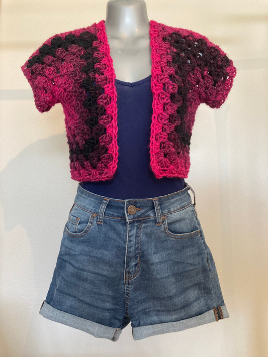 Hand Crocheted Intense Magenta Black Ombre Cropped Vest