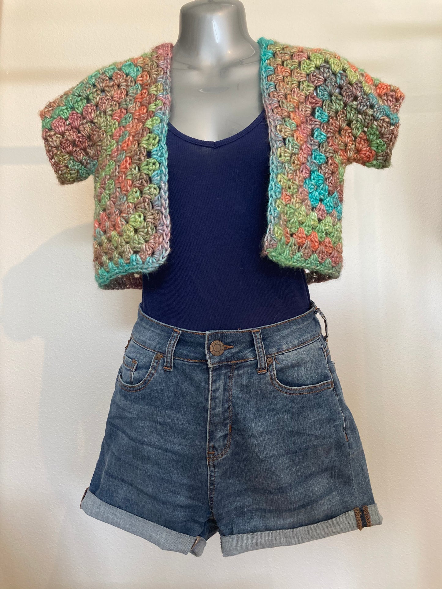 Hand Crocheted Dappled Rainbow Tones Lustrous Cropped Vest