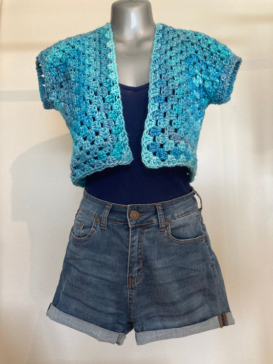 Hand Crocheted Dappled Blues Lustrous Cropped Vest