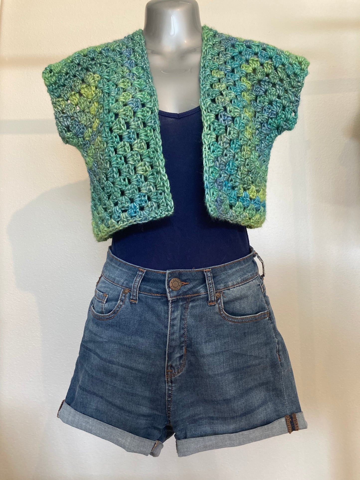 Hand Crocheted Dappled Greens Lustrous Cropped Vest