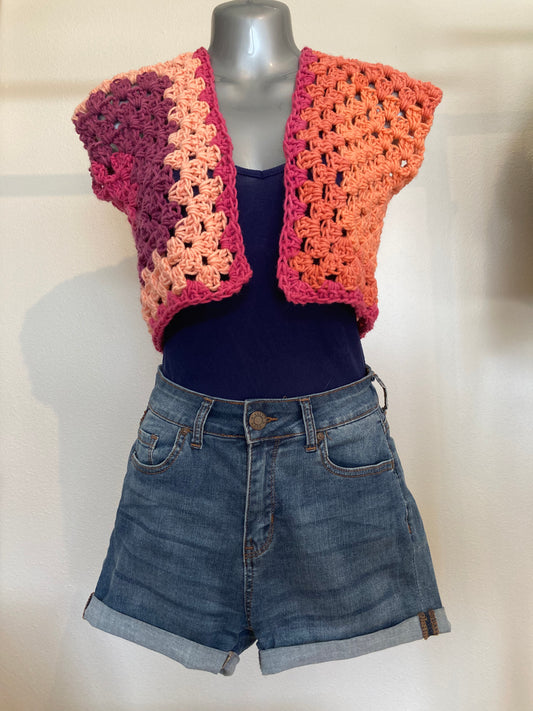 Hand Crocheted Soft Cozy Bright Vibrant Short Vest with Fun Muscle-T Sleeves