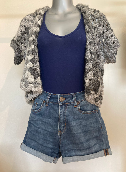 Hand Crocheted Dappled Soft Neutral Gray Tones Hooded Short Sleeve Shirt