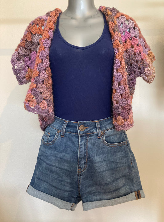 Hand Crocheted Dappled Soft Purple and Orange Tones Hooded Short Sleeve Shirt