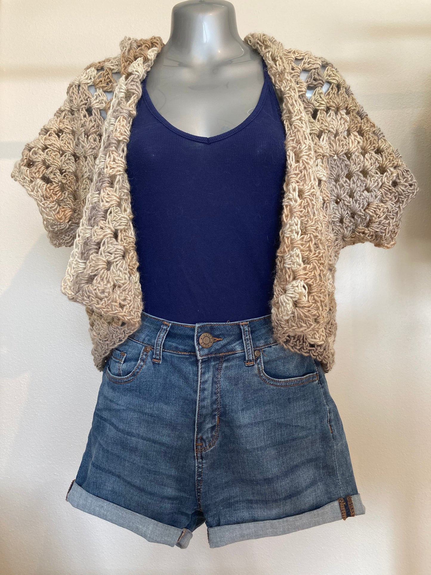 Hand Crocheted Dappled Soft Warm Neutral Beige Tones Hooded Short Sleeve Shirt