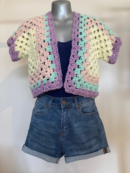 Hand Crocheted Sweet Desaturated Saltwater Taffy Tones Short Sleeve Shirt Vest