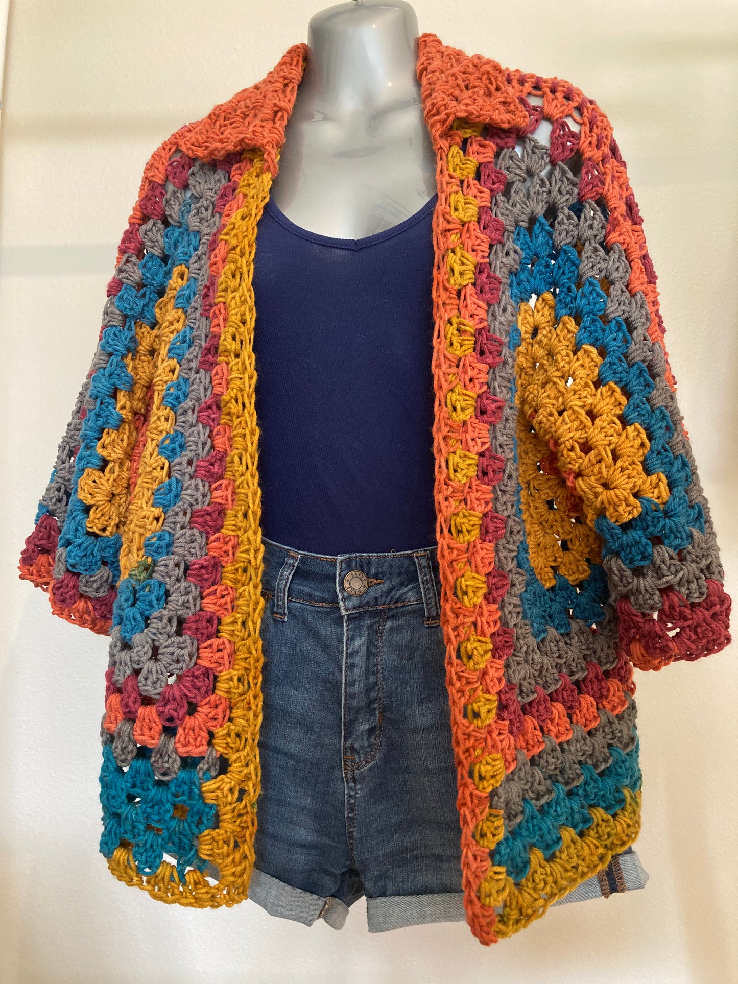 Hand Crocheted Vintage Inspired Collared Bowling Shirt Saturated Rainbow Tones