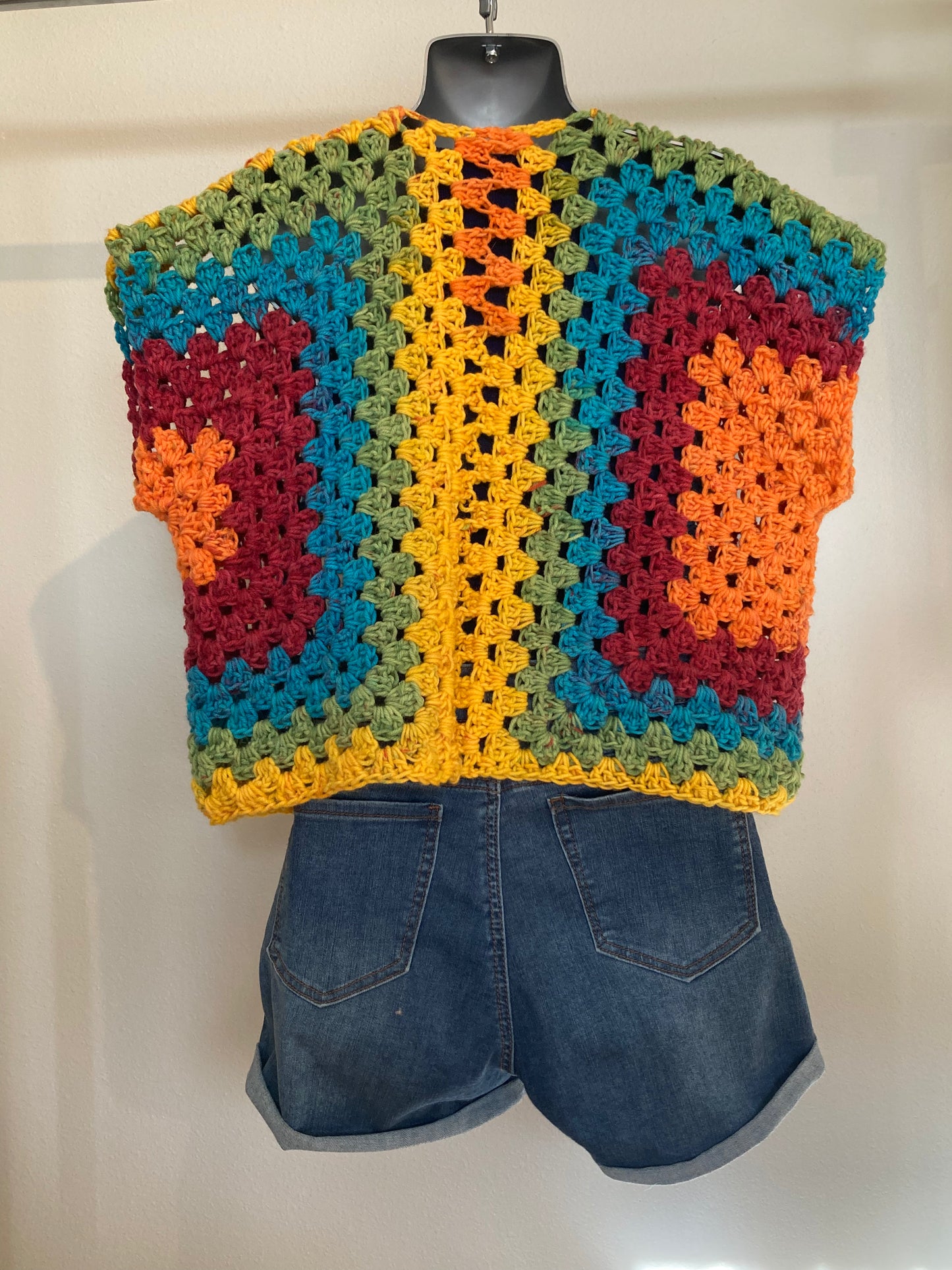 Hand Crocheted Bright Bold Primary Color Rainbow Cropped Vest