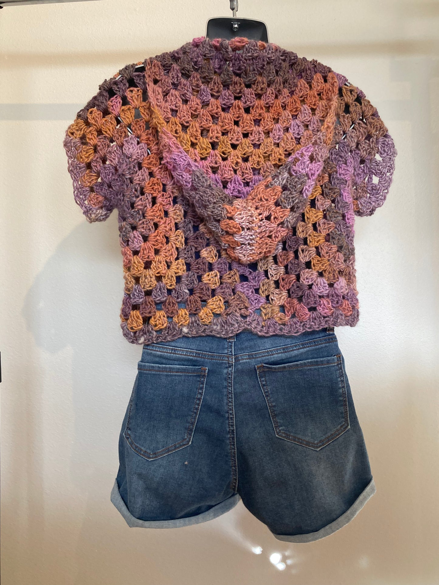 Hand Crocheted Dappled Soft Purple and Orange Tones Hooded Short Sleeve Shirt