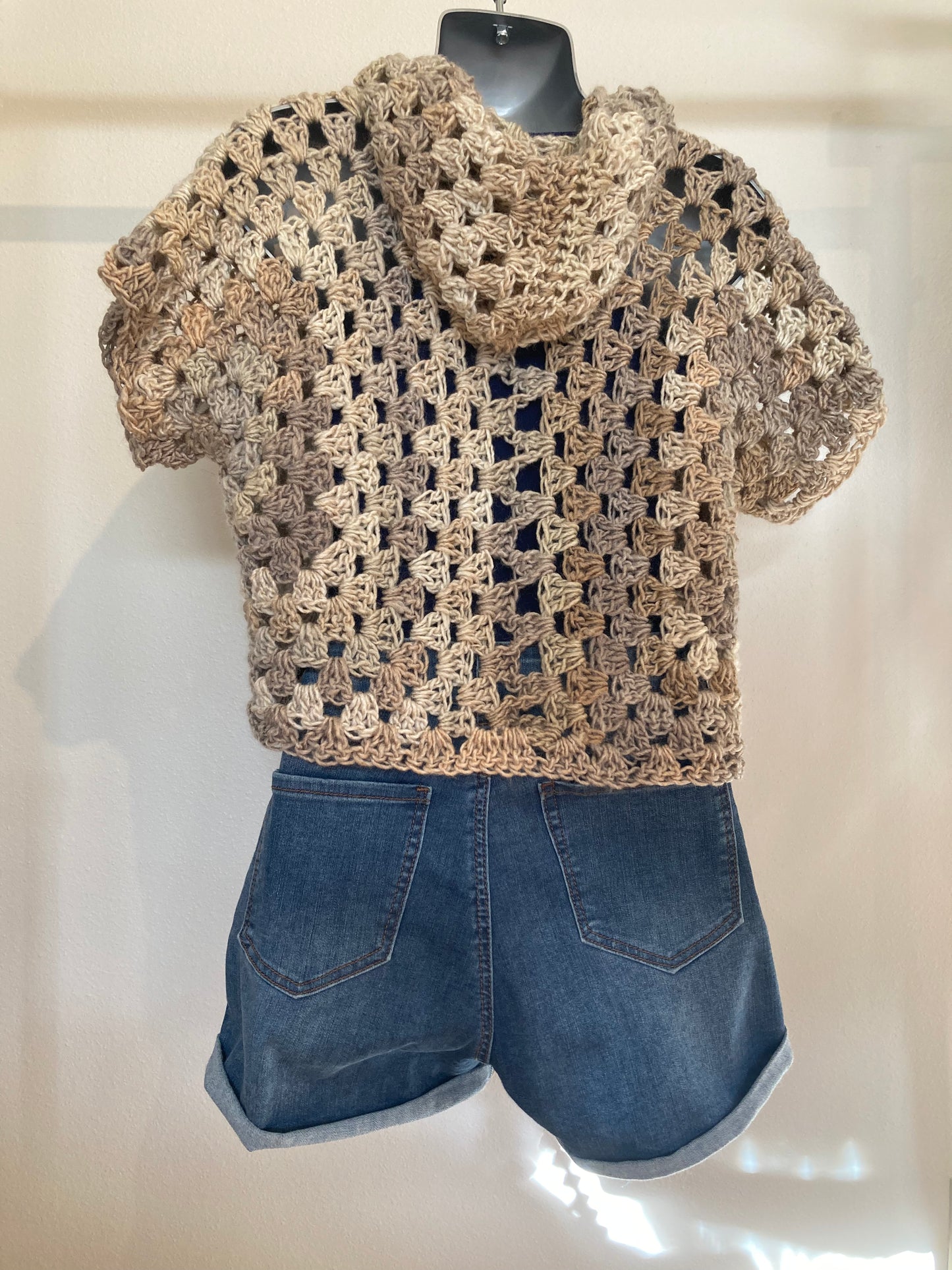 Hand Crocheted Dappled Soft Warm Neutral Beige Tones Hooded Short Sleeve Shirt