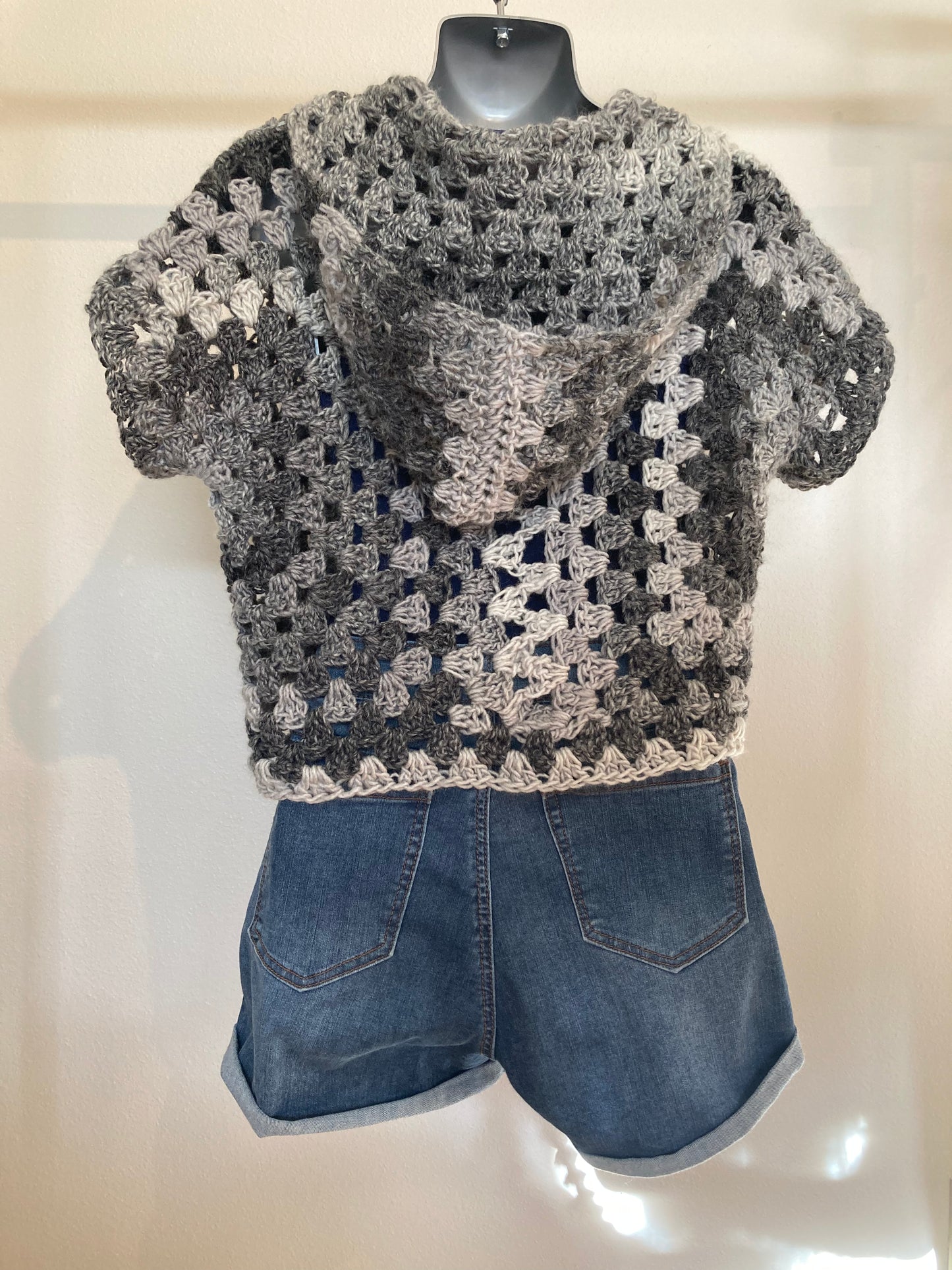 Hand Crocheted Dappled Soft Neutral Gray Tones Hooded Short Sleeve Shirt