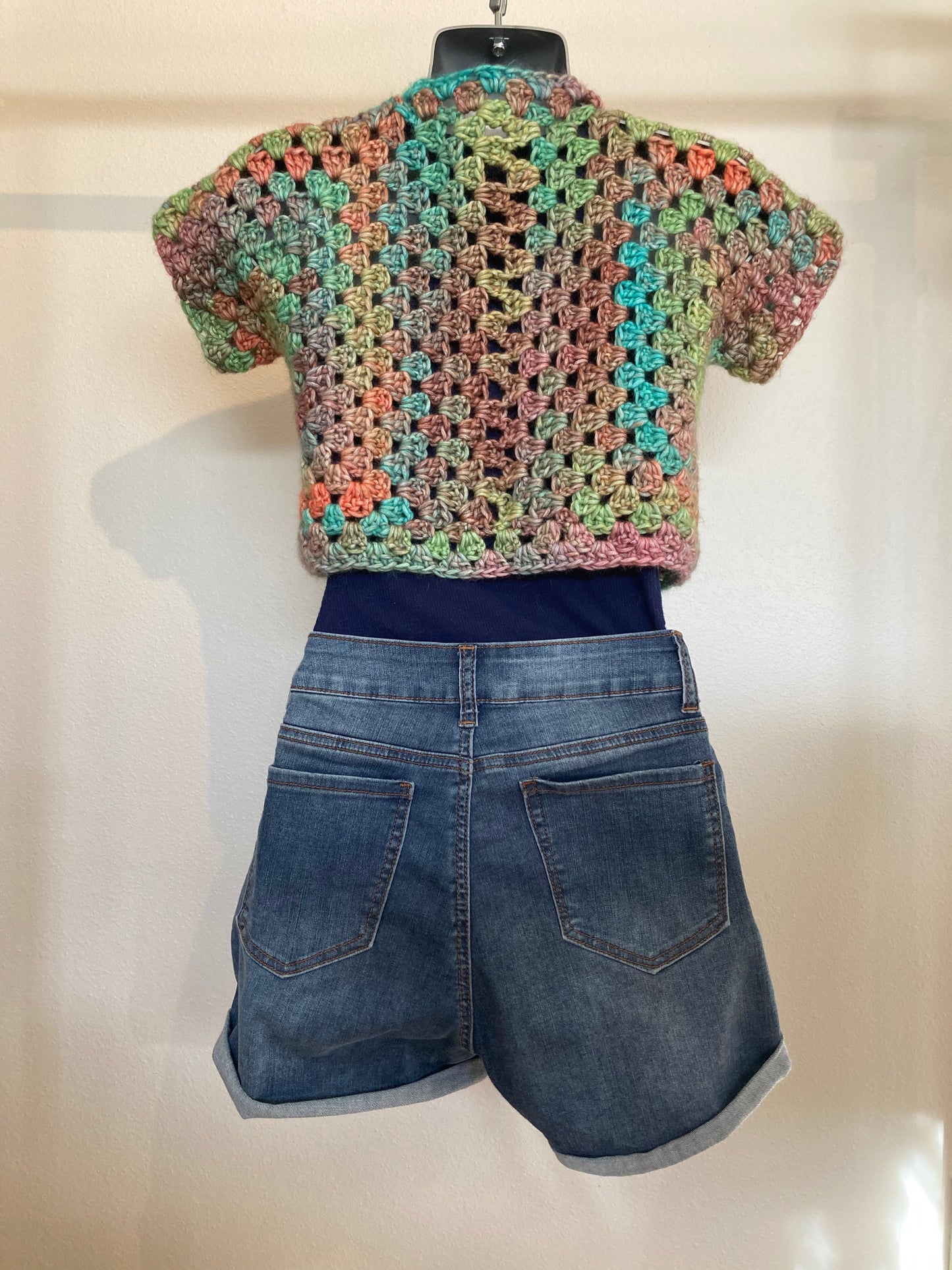 Hand Crocheted Dappled Rainbow Tones Lustrous Cropped Vest