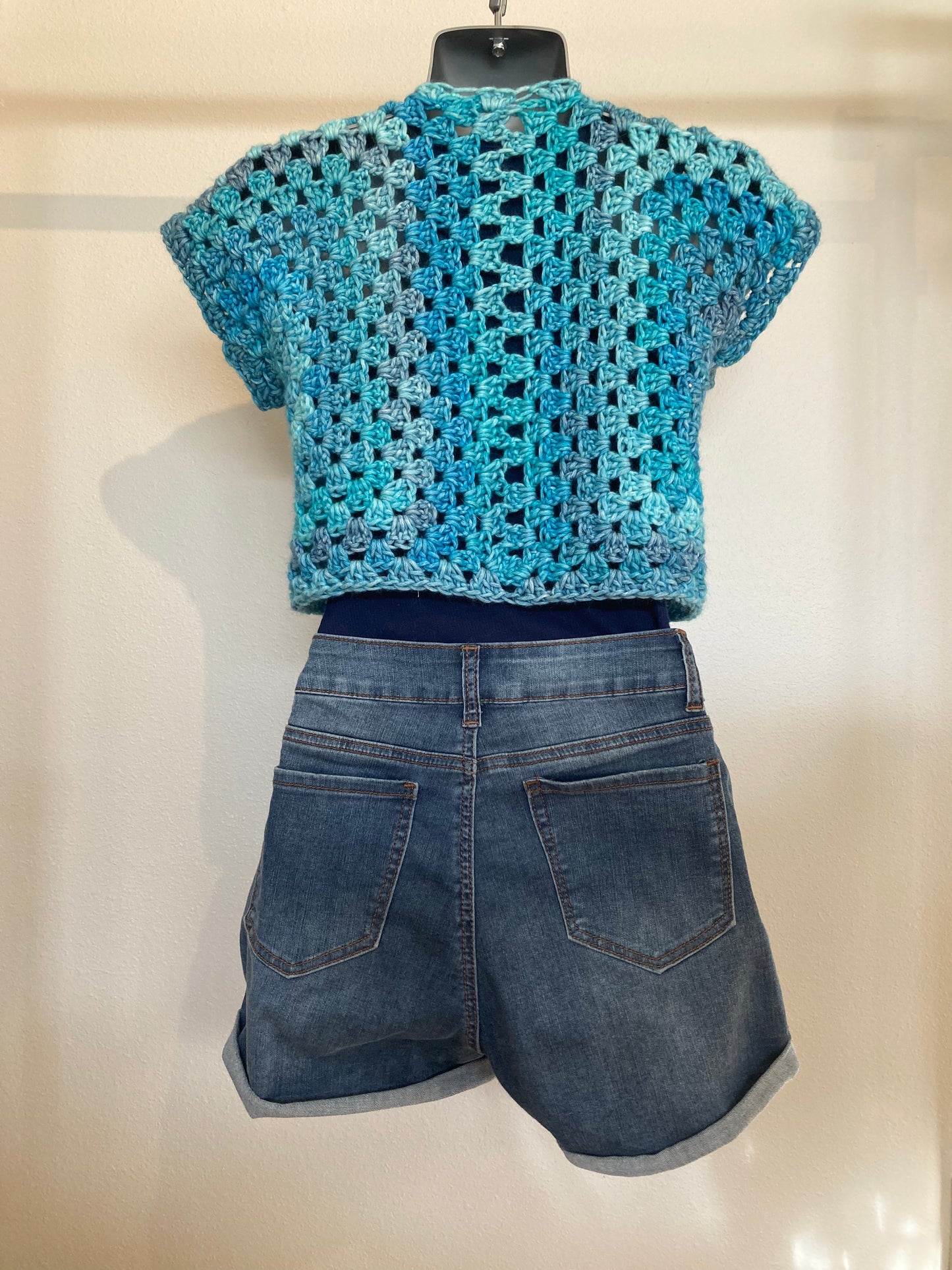 Hand Crocheted Dappled Blues Lustrous Cropped Vest