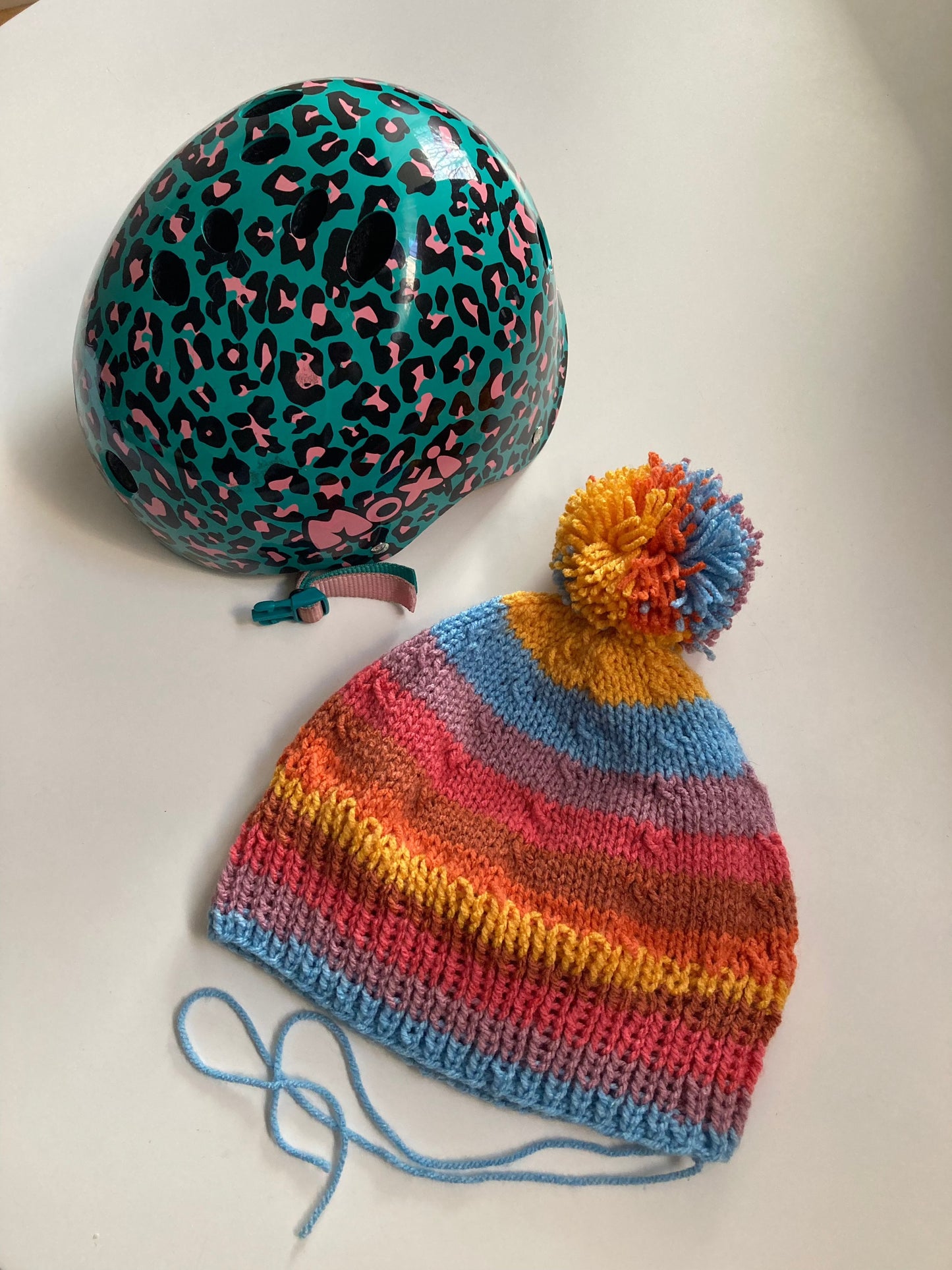 Handknitted Helmet Beanie with Extra Large Pom Pom in Rainbow Stripes #2