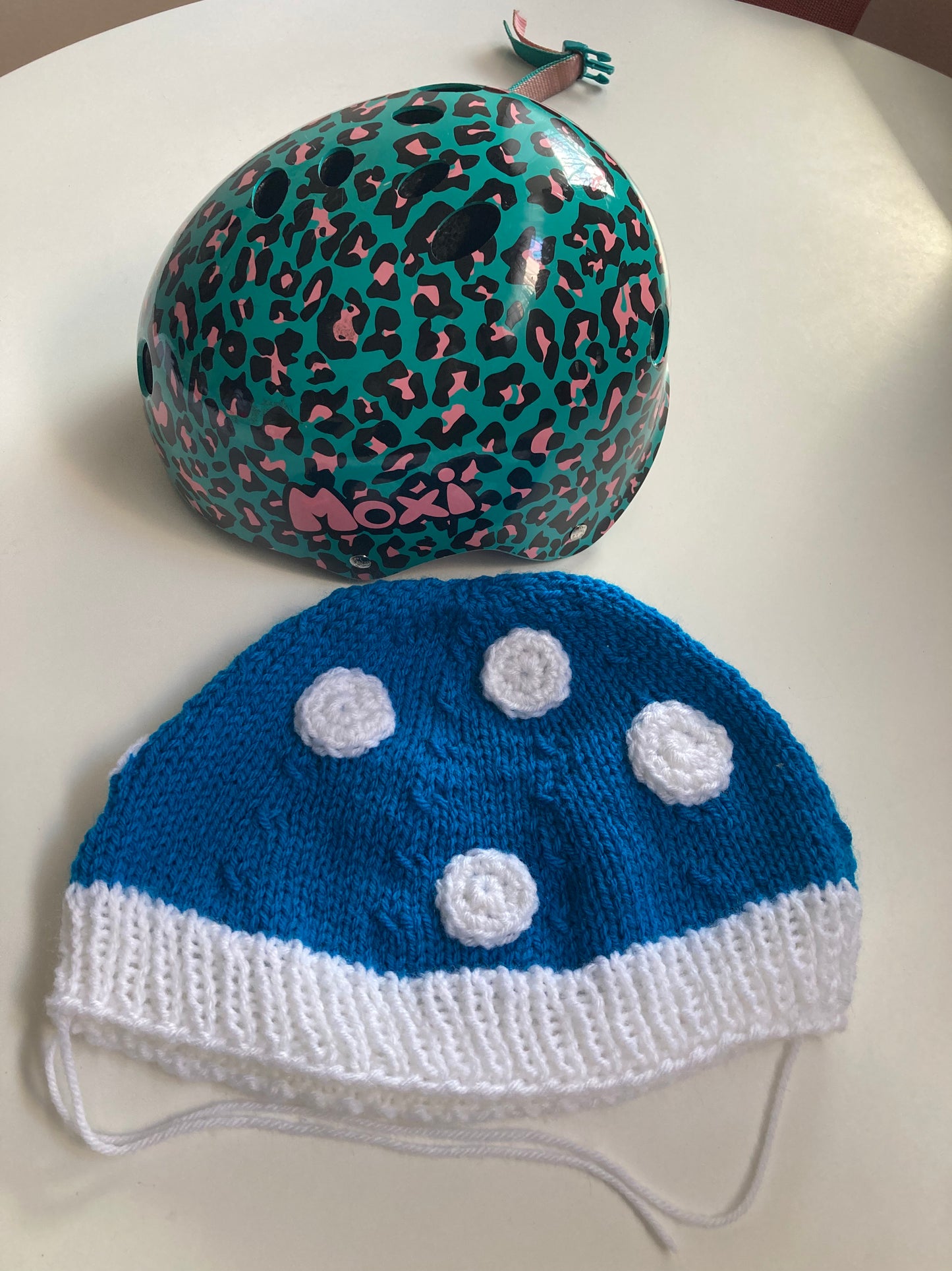 Handknitted and Crocheted Mushroom Helmet Beanie in Electric Blue