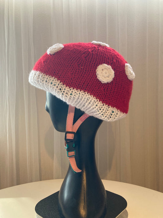 Handknitted and Crocheted Mushroom Helmet Beanie in Bright Red