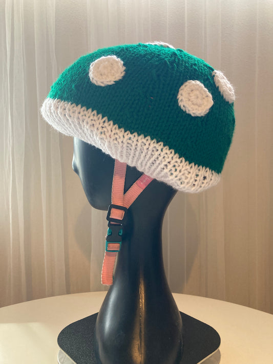 Handknitted and Crocheted Mushroom Helmet Beanie in Bold Green