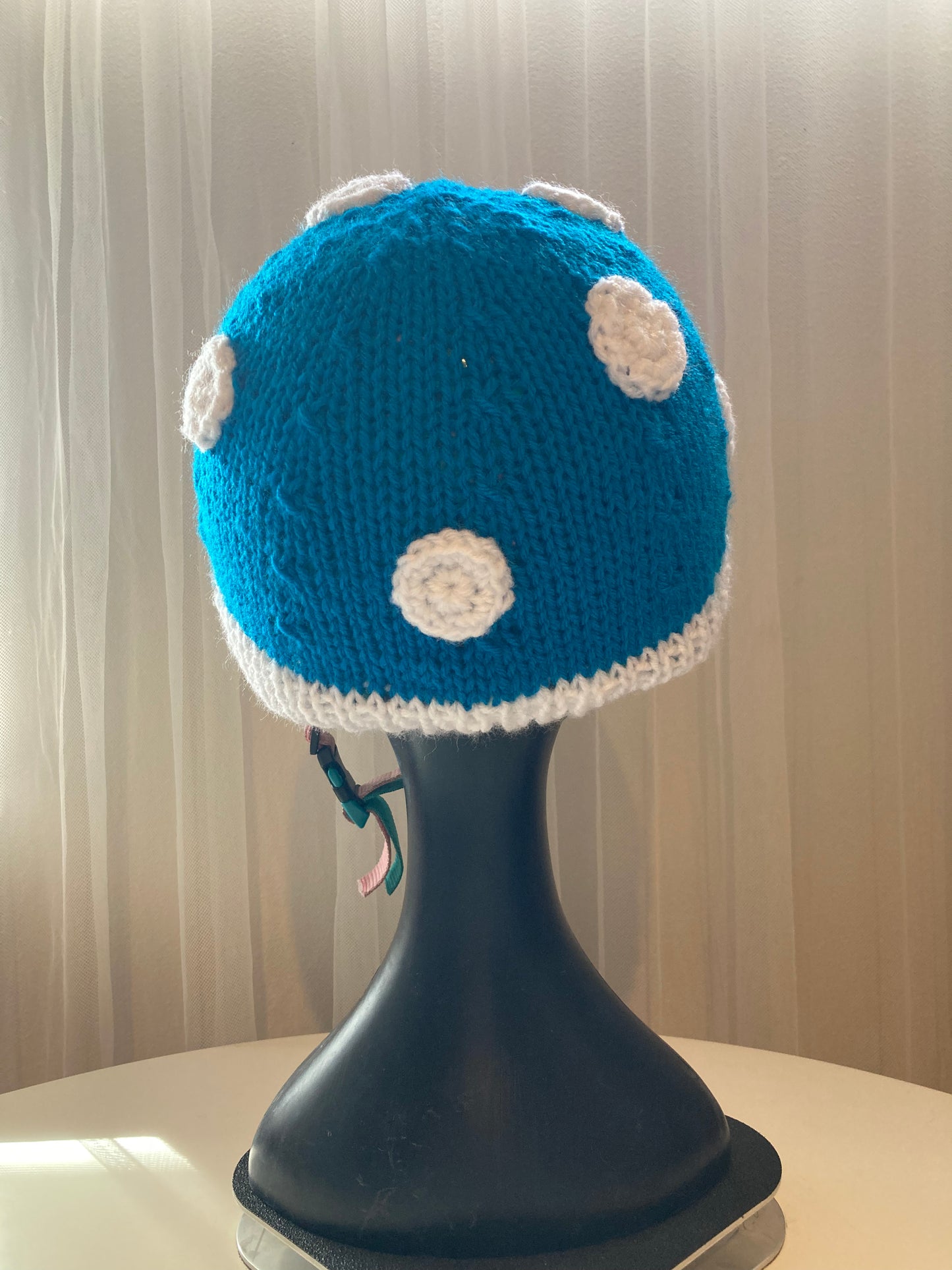 Handknitted and Crocheted Mushroom Helmet Beanie in Electric Blue