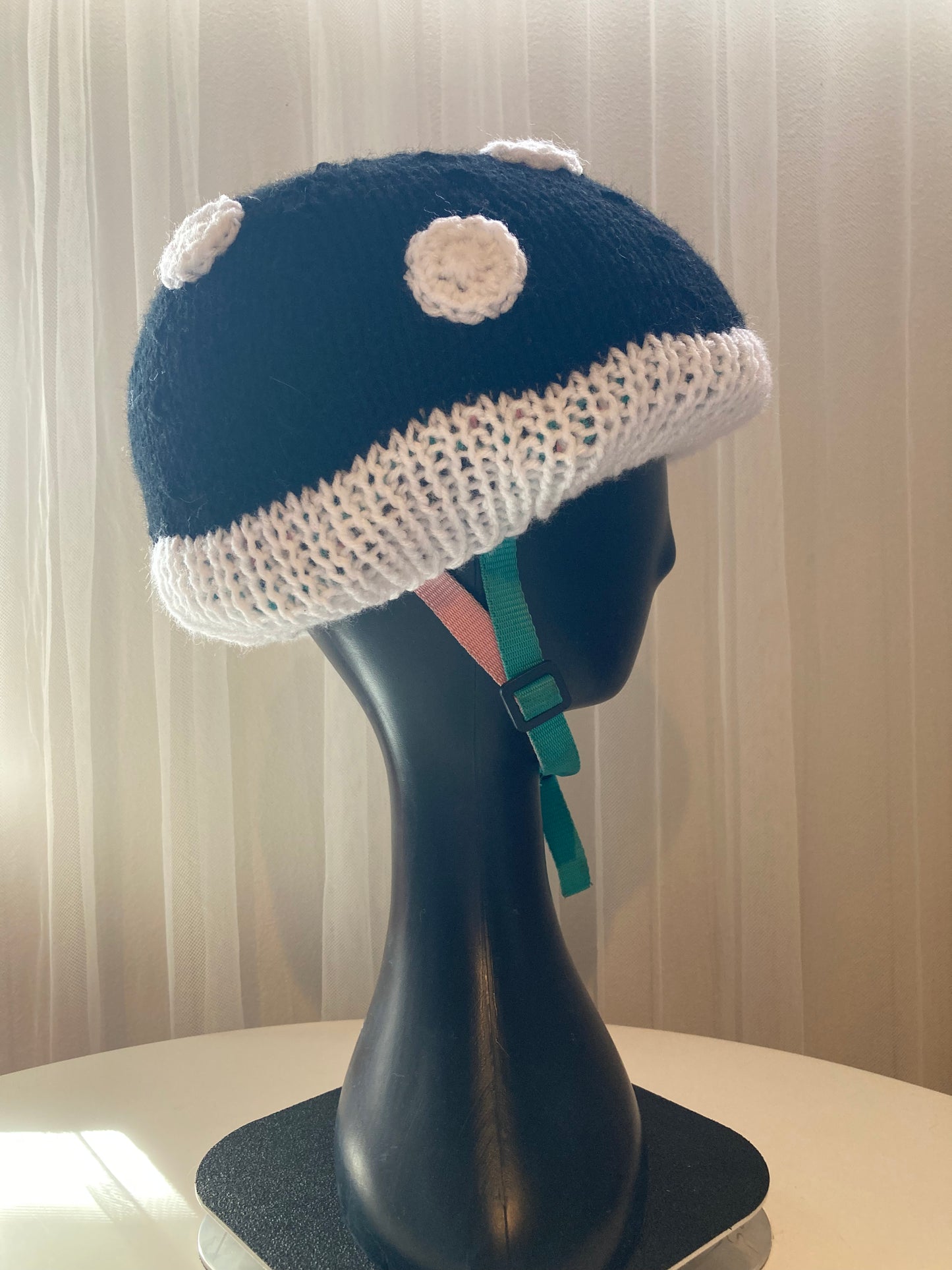 Handknitted and Crocheted Mushroom Helmet Beanie in Black