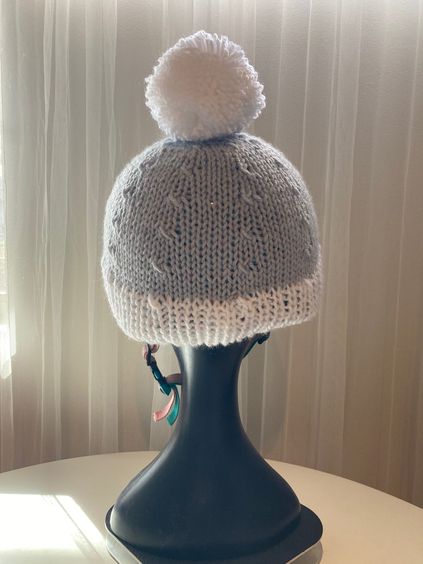 Handknitted Helmet Beanie with Extra Large Pom Pom in Light Gray and Snow White