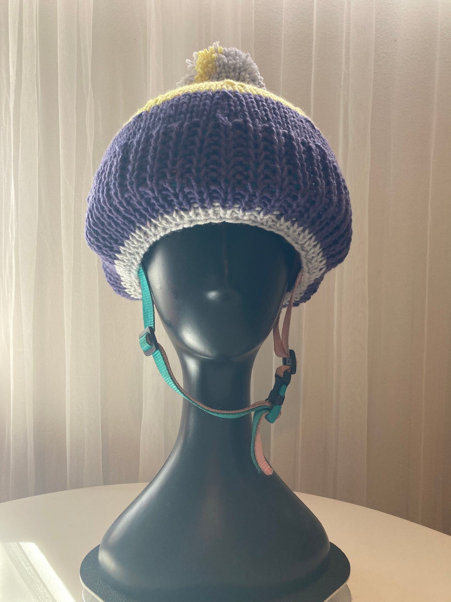 Handknitted Helmet Beanie with Extra Large Pom Pom in Indigo, Yellow and Gray