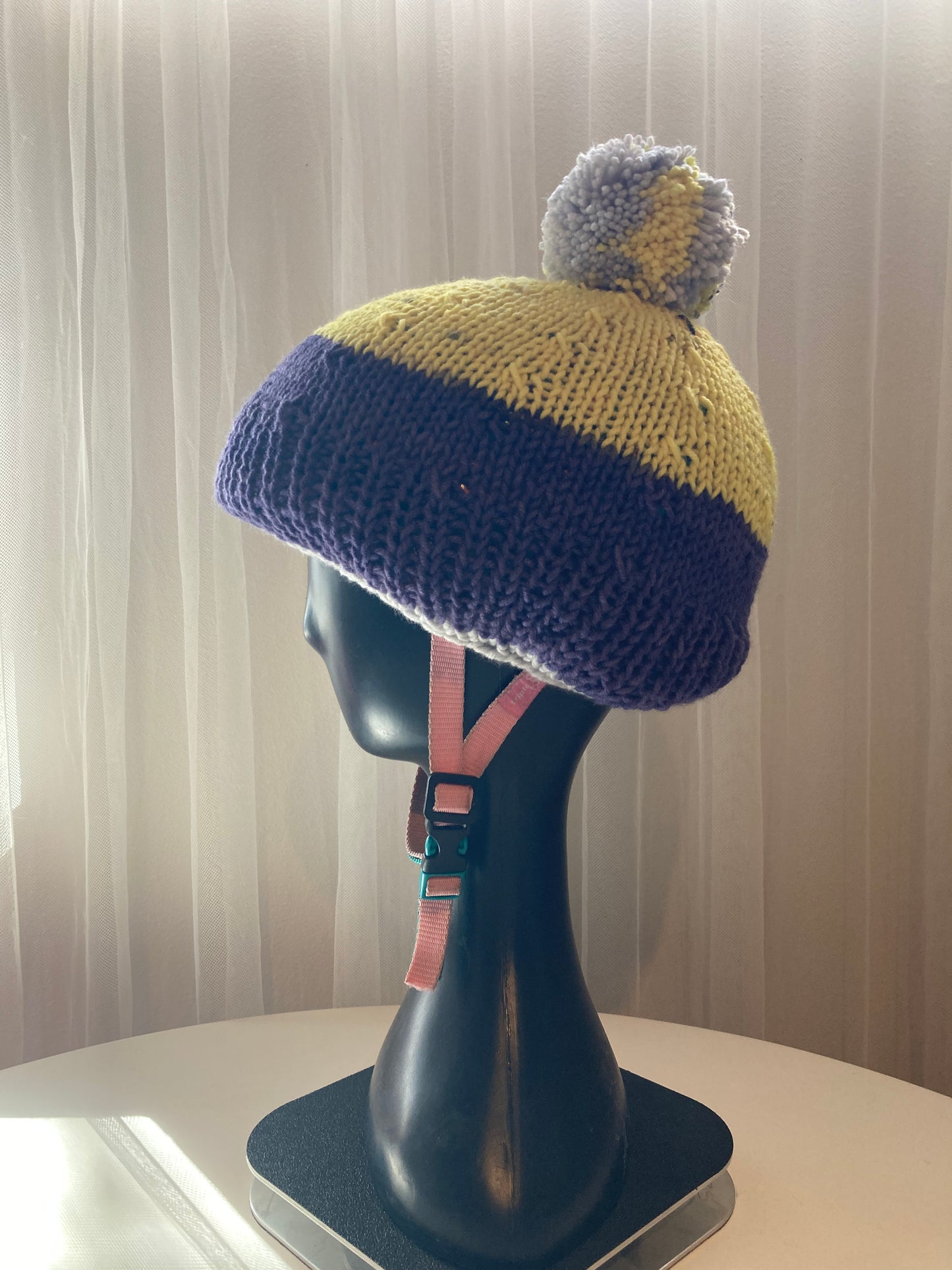 Handknitted Helmet Beanie with Extra Large Pom Pom in Indigo, Yellow and Gray