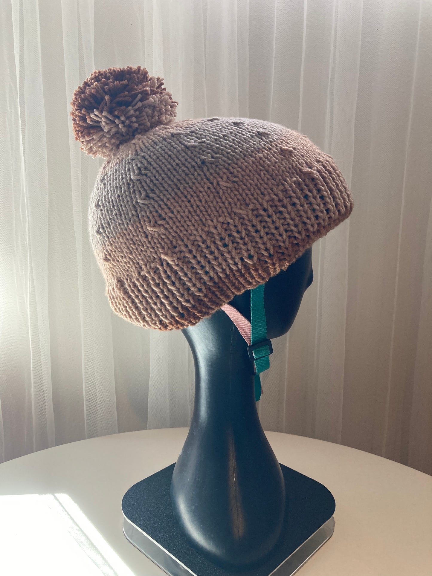 Handknitted Helmet Beanie with Extra Large Pom Pom in Coastal Tans and Gray