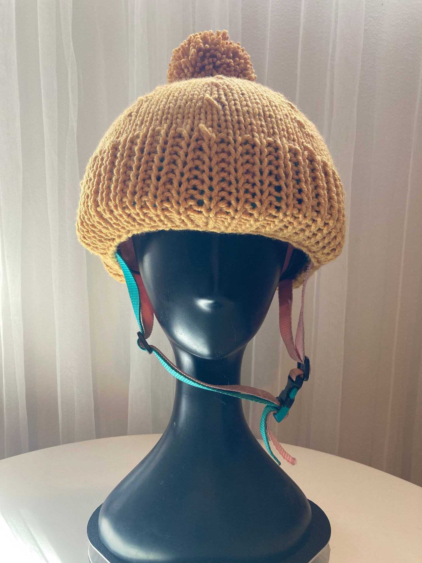 Handknitted Helmet Beanie with Extra Large Pom Pom in Mustard Gold