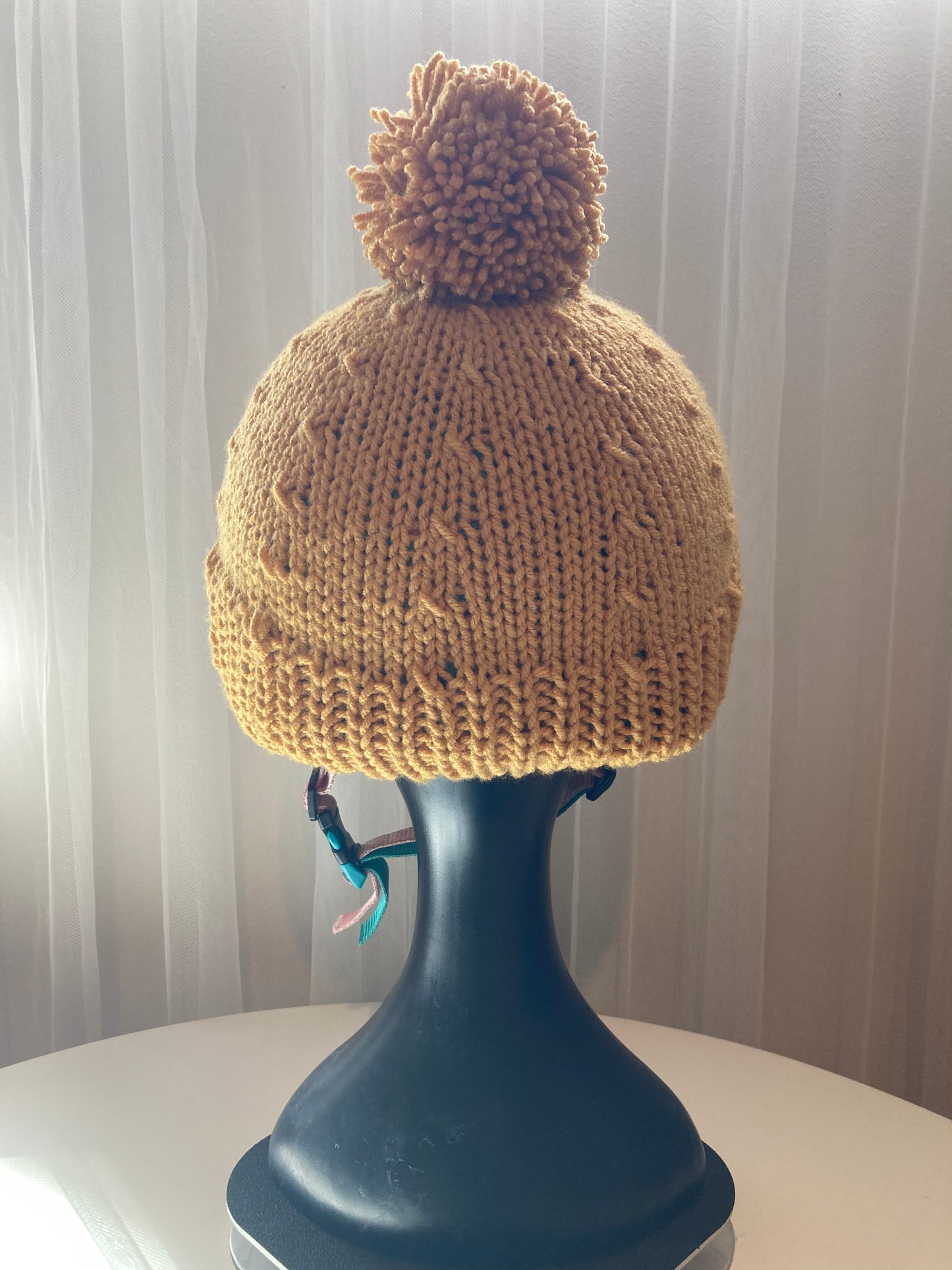 Handknitted Helmet Beanie with Extra Large Pom Pom in Mustard Gold