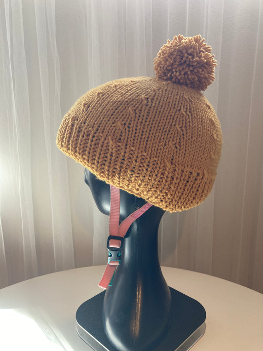 Handknitted Helmet Beanie with Extra Large Pom Pom in Mustard Gold