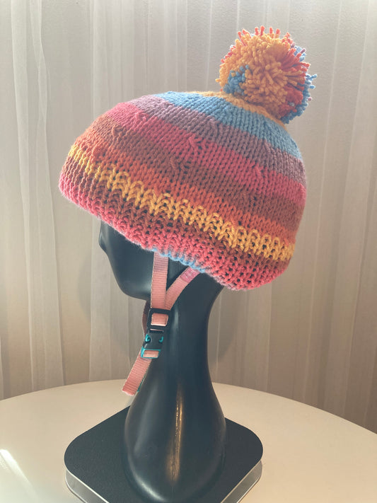 Handknitted Helmet Beanie with Extra Large Pom Pom in Rainbow Stripes #2