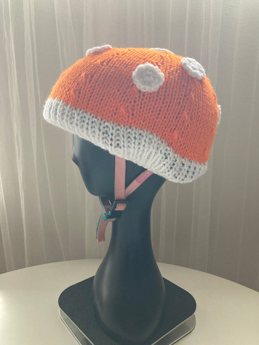 Handknitted and Crocheted Mushroom Helmet Beanie in Neon Orange