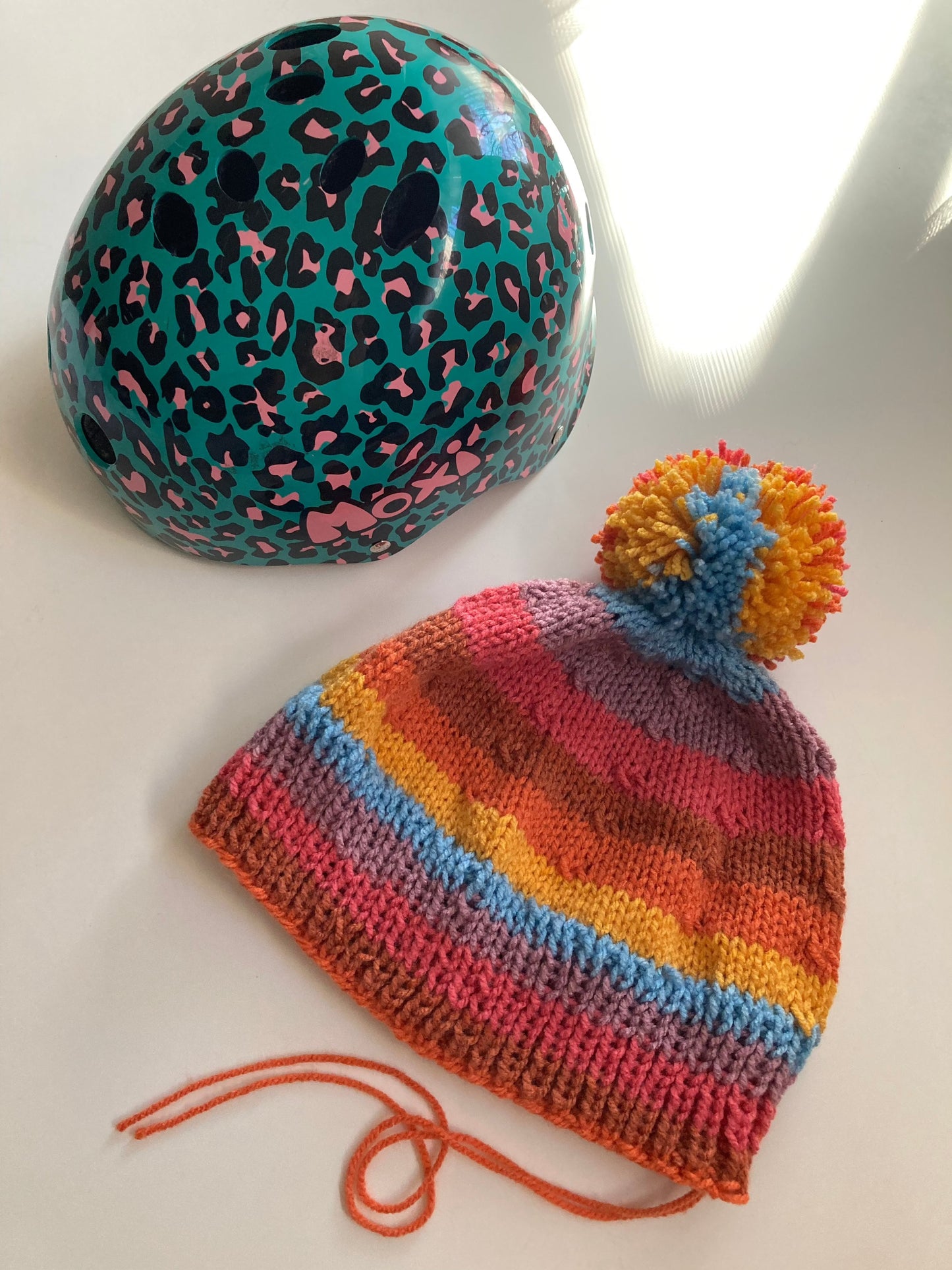 Handknitted Helmet Beanie with Extra Large Pom Pom in Rainbow Stripes #3