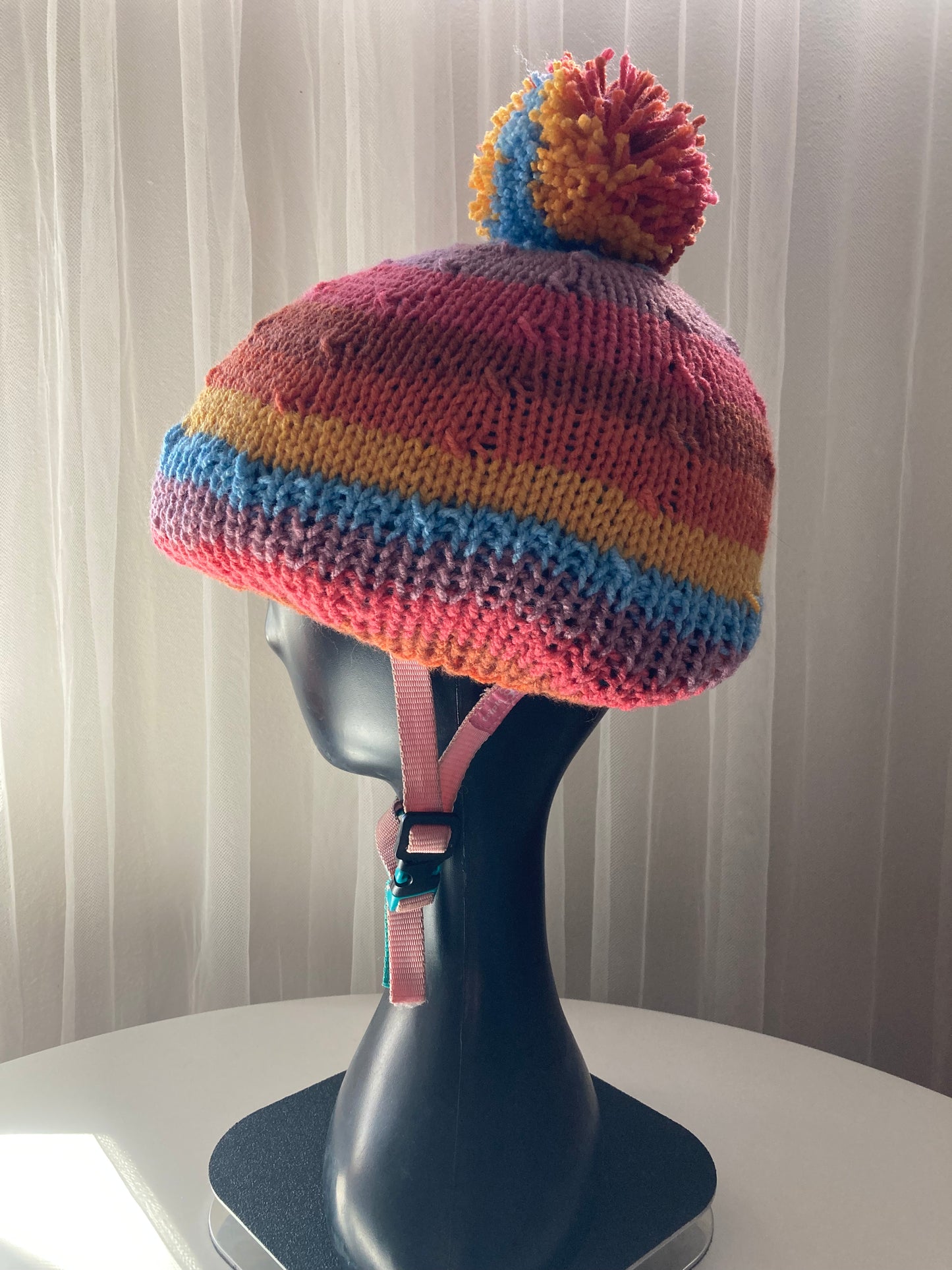 Handknitted Helmet Beanie with Extra Large Pom Pom in Rainbow Stripes #3