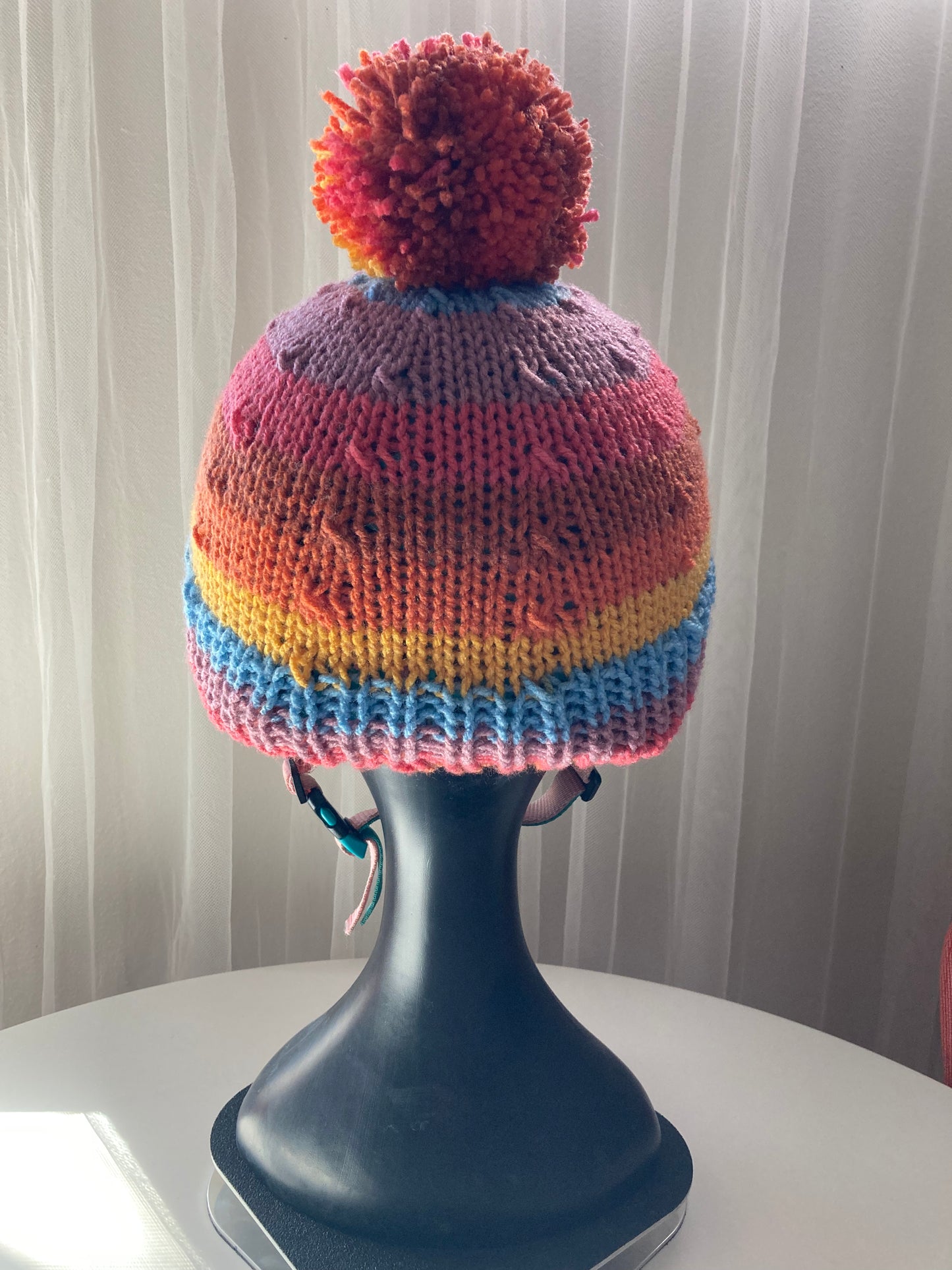 Handknitted Helmet Beanie with Extra Large Pom Pom in Rainbow Stripes #3