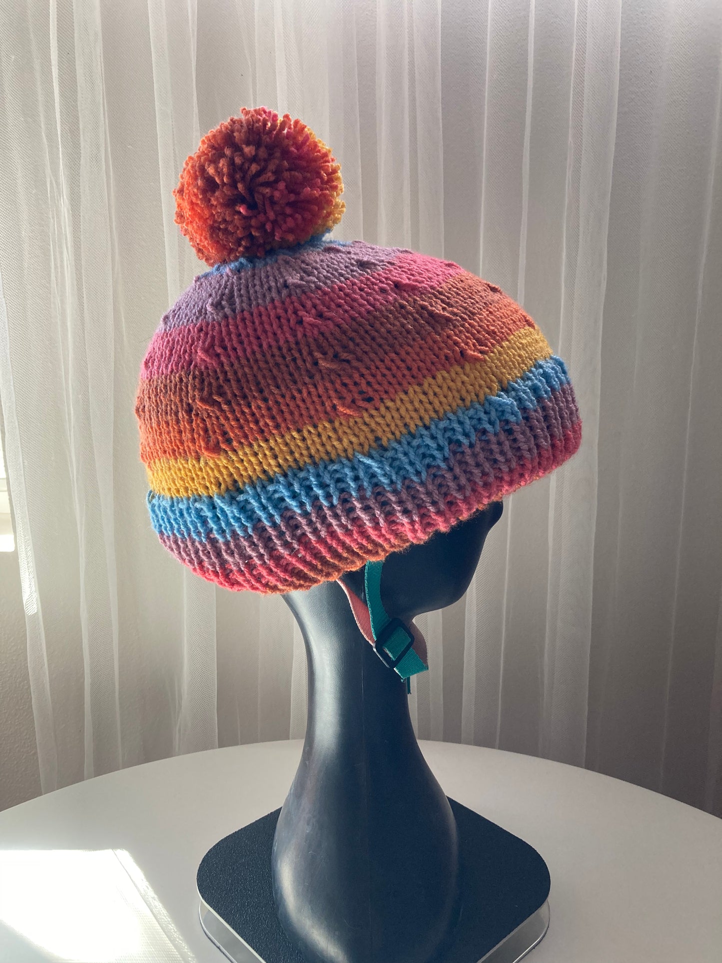 Handknitted Helmet Beanie with Extra Large Pom Pom in Rainbow Stripes #3