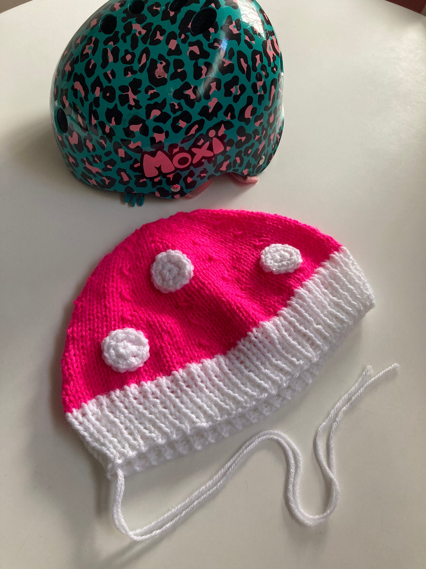 Handknitted and Crocheted Mushroom Helmet Beanie in Neon Pink